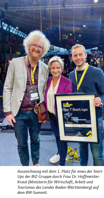 BIZ - Auszeichnung mit dem 1. Platz für eines der StartUps der BIZ-Gruppe durch Frau Dr. Hoffmeister-Kraut (Ministerin für Wirtschaft, Arbeit und Tourismus des Landes Baden-Württemberg) auf dem BW-Summit.